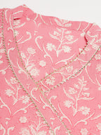 InWeave Women's Light Pink Floral Print Straight Angrakha Gota Kurta | Grocsy