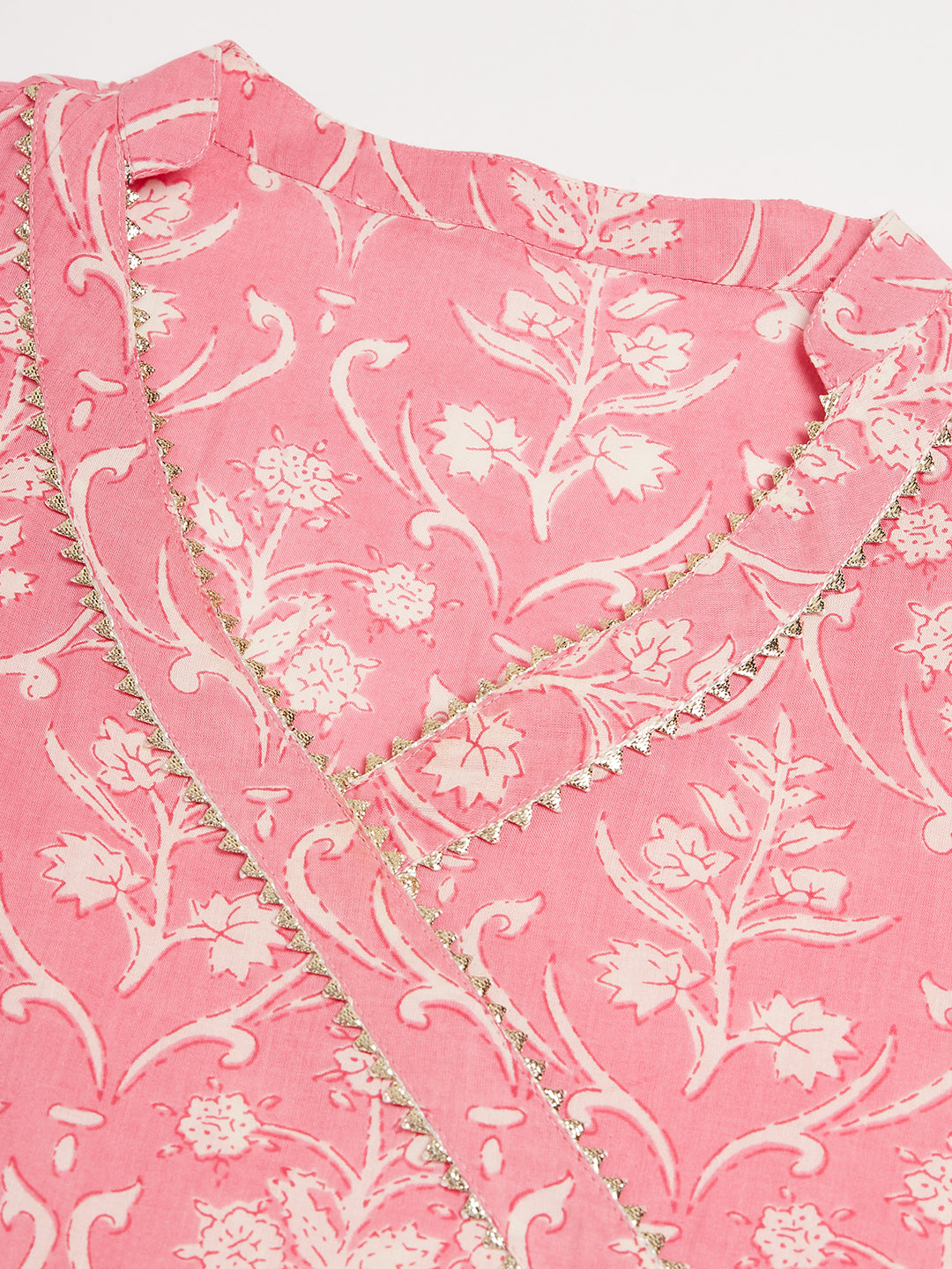 InWeave Women's Light Pink Floral Print Straight Angrakha Gota Kurta | Grocsy