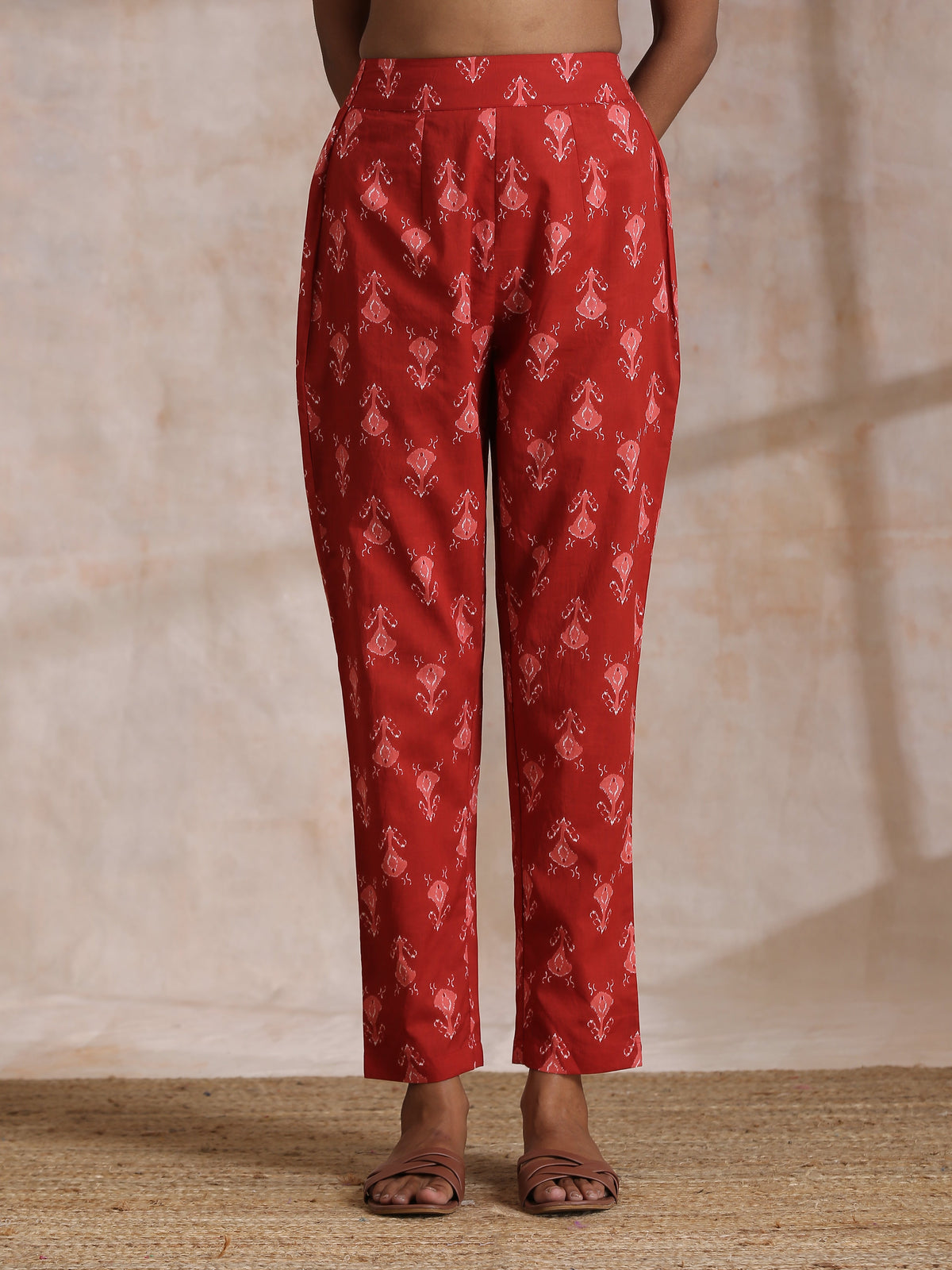 trueBrowns Red On Red Ikat Print Cotton Pant Suit Set | Grocsy