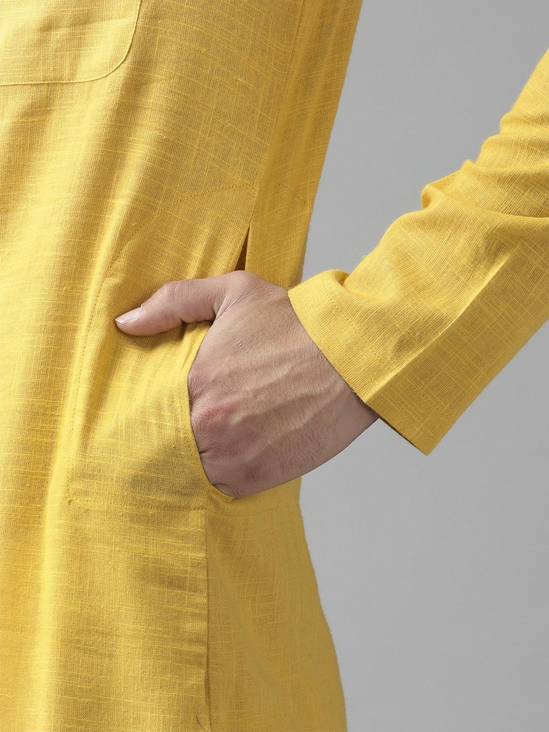 Fabmade Men Yellow Cotton Linen Kurta Pyjama | Grocsy