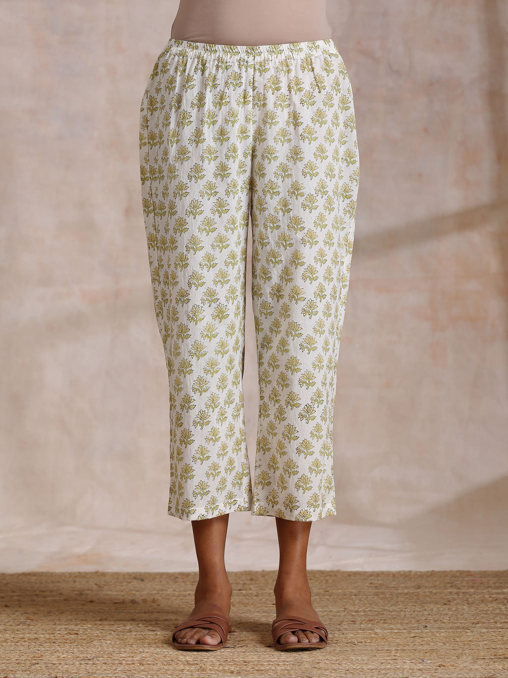 trueBrowns Green Buta On Off White Block Print Cotton Slit Gathered Kurta Set | Grocsy