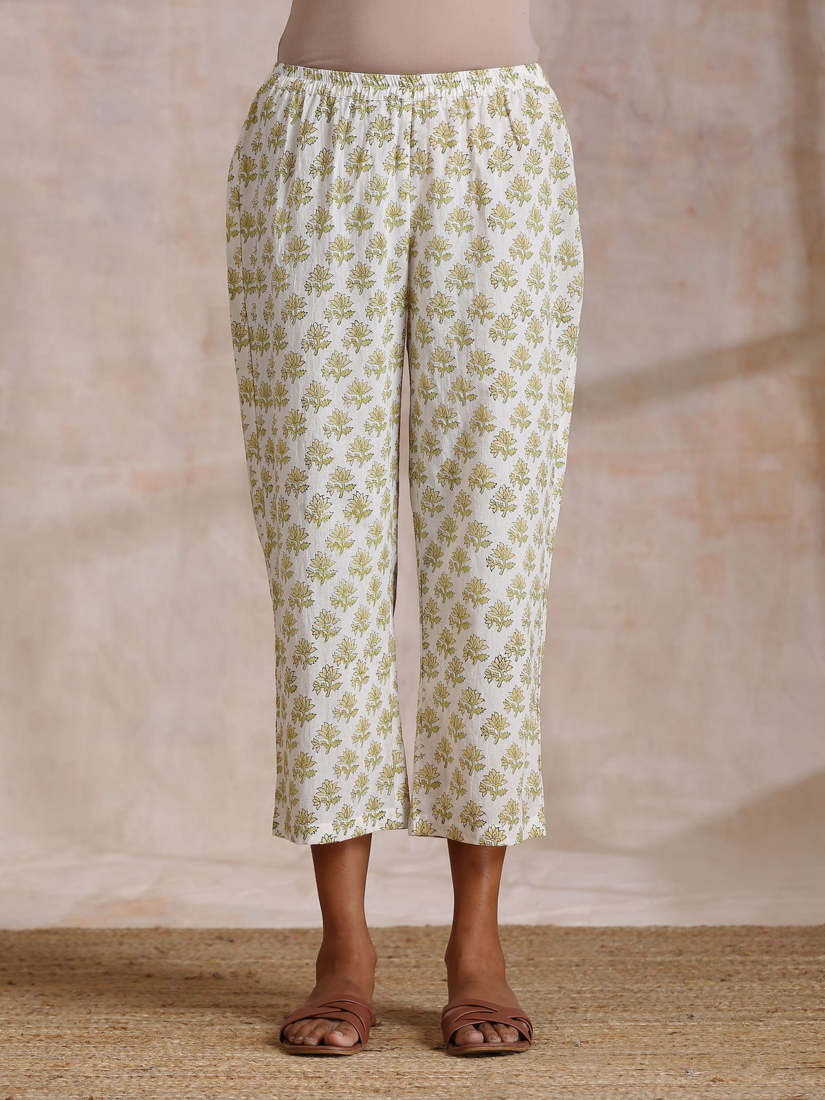 trueBrowns Green Buta On Off White Block Print Cotton Slit Gathered Kurta Set | Grocsy
