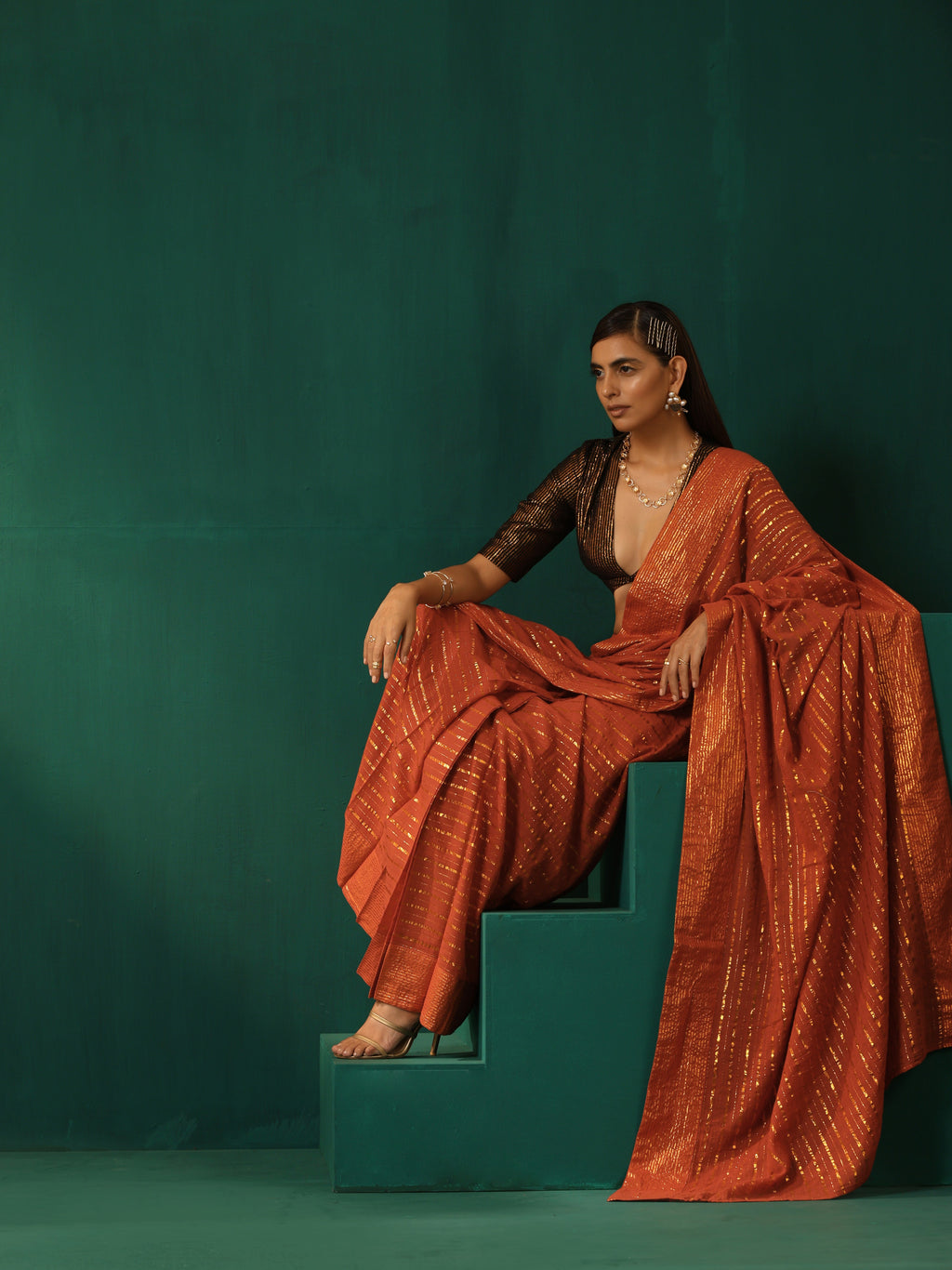 trueBrowns Rust Cotton Gold Lurex Striped Ready to Wear Saree | Grocsy
