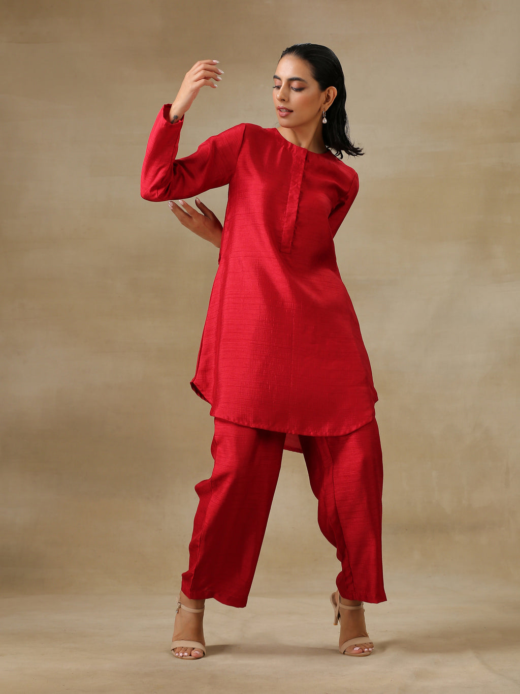 trueBrowns Maroon Textured Silk Front Placket Co-Ord Set | Grocsy