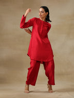 trueBrowns Maroon Textured Silk Front Placket Co-Ord Set | Grocsy