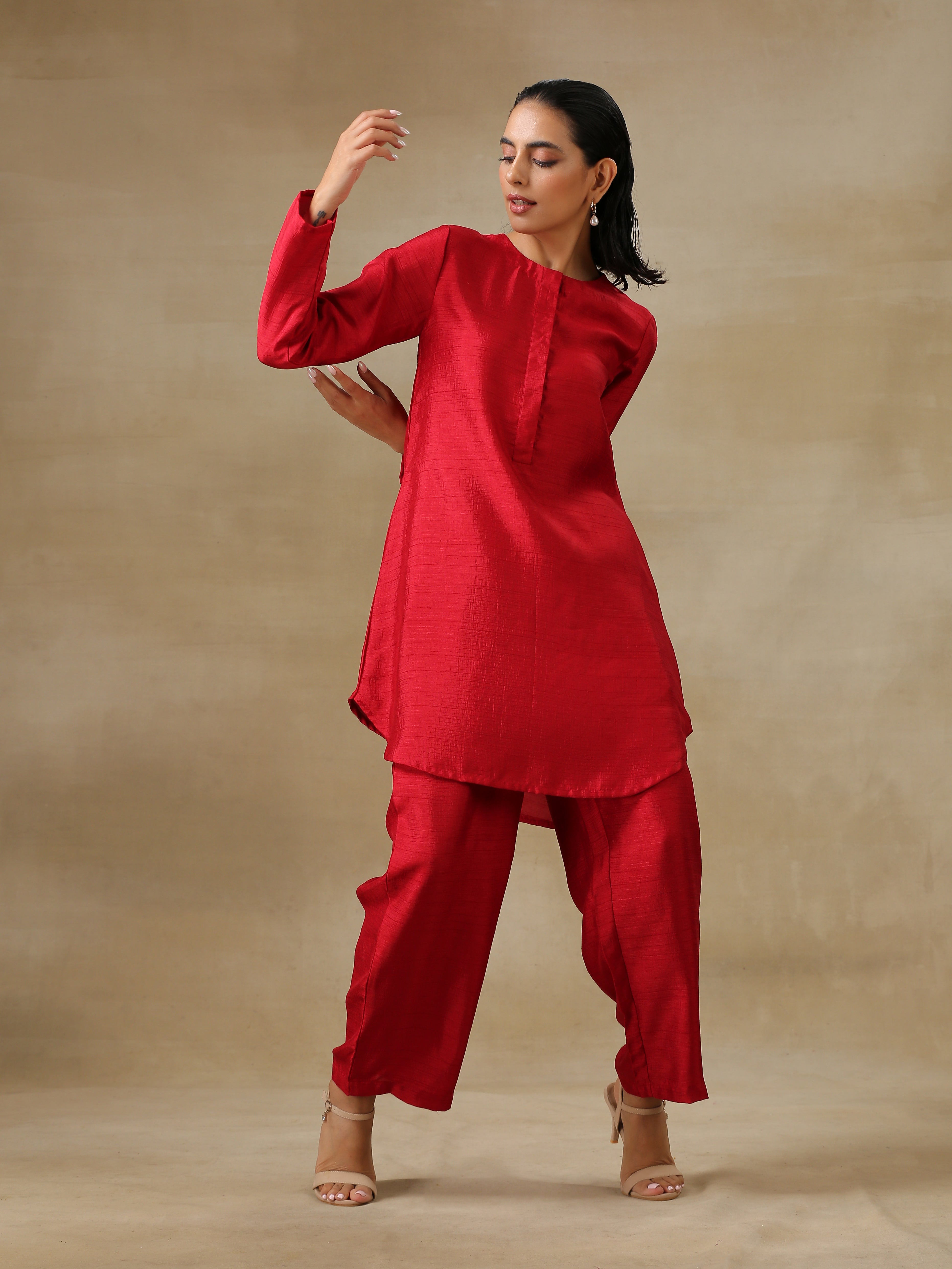 trueBrowns Maroon Textured Silk Front Placket Co-Ord Set | Grocsy