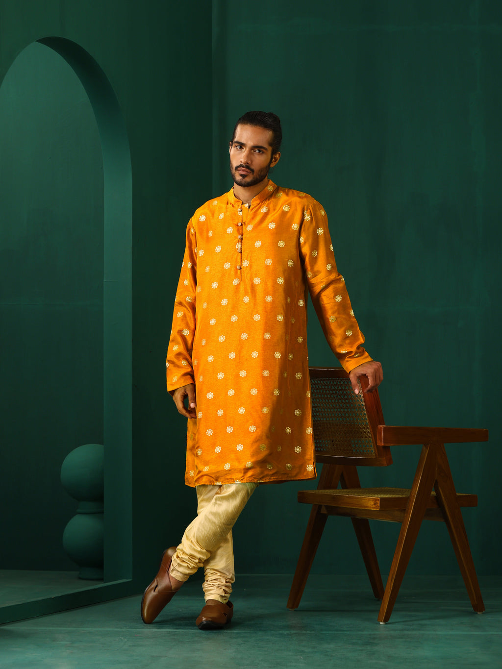 trueBrowns Men's Mustard Geometric Floral Viscose Silk Long Kurta | Grocsy