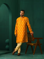 trueBrowns Men's Mustard Geometric Floral Viscose Silk Long Kurta | Grocsy