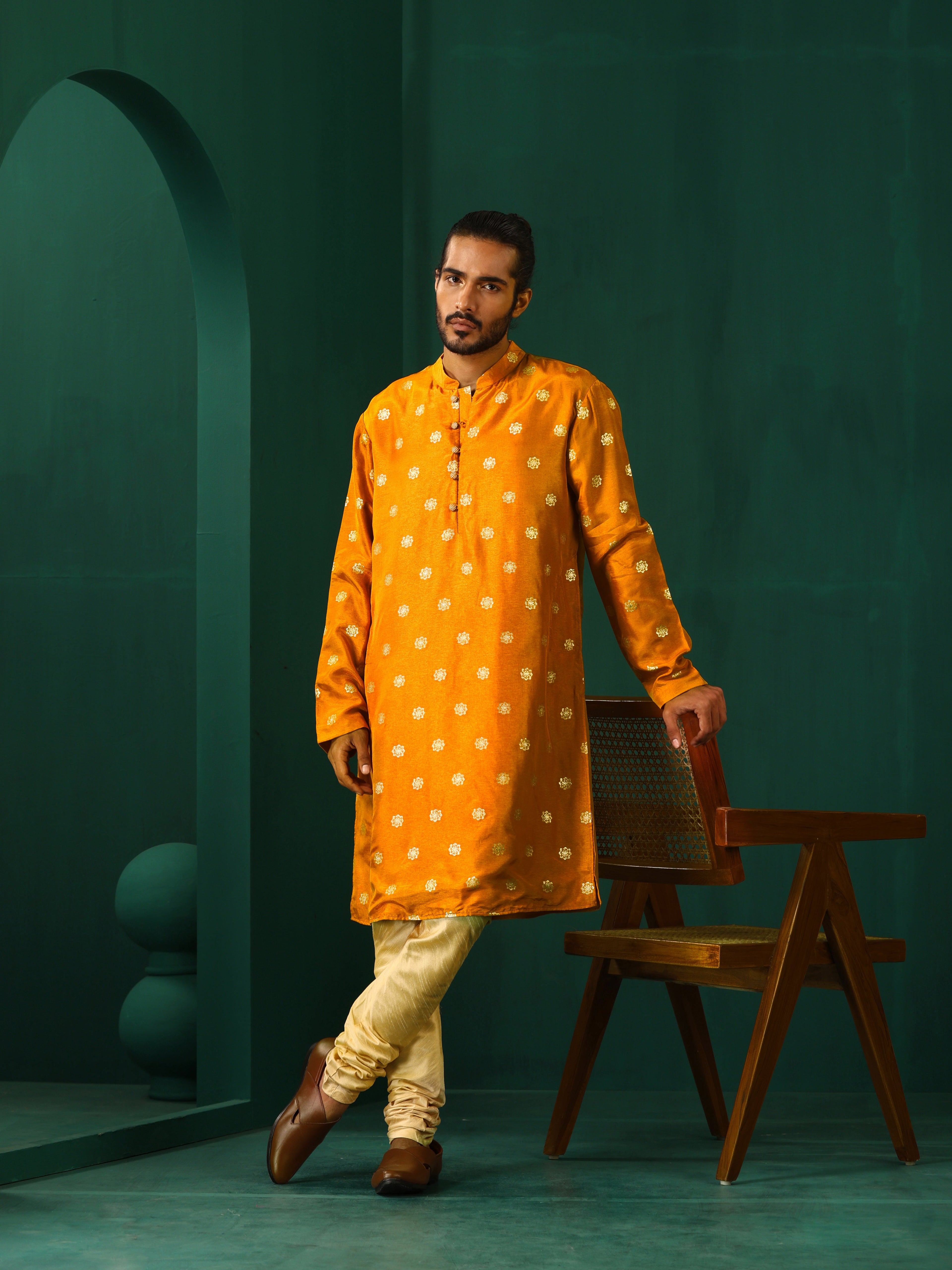 trueBrowns Men's Mustard Geometric Floral Viscose Silk Long Kurta | Grocsy