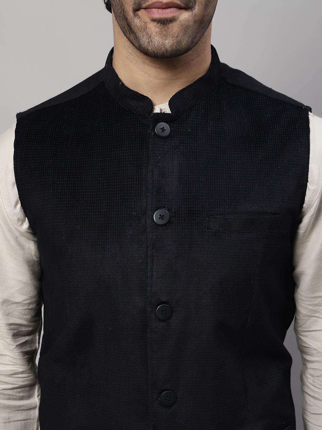 Even Apparels Men's Black Nehru Jacket With Welt Pockets | Grocsy