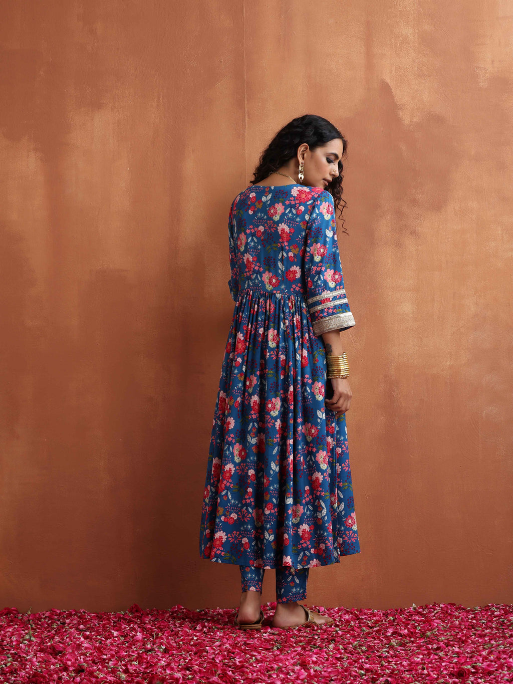 trueBrowns Blue Print Flared Anarkali Kurta Set | Grocsy