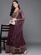 Indian Clothing Ahalyaa Purple & Gold-Toned Printed Sequinned Foil Print Ready to Wear Lehenga & Blouse With Dupatta | Grocsy