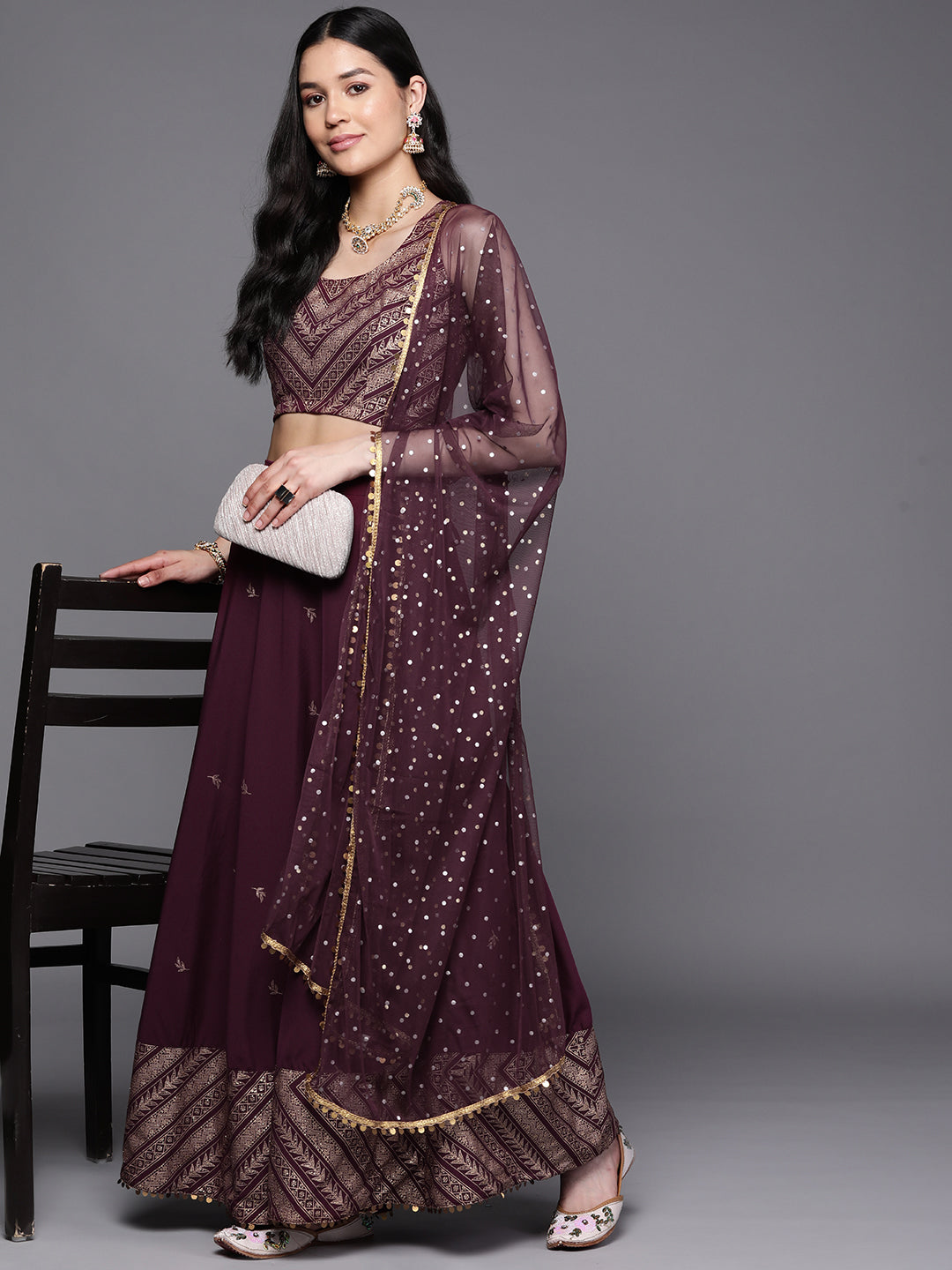 Indian Clothing Ahalyaa Purple & Gold-Toned Printed Sequinned Foil Print Ready to Wear Lehenga & Blouse With Dupatta | Grocsy