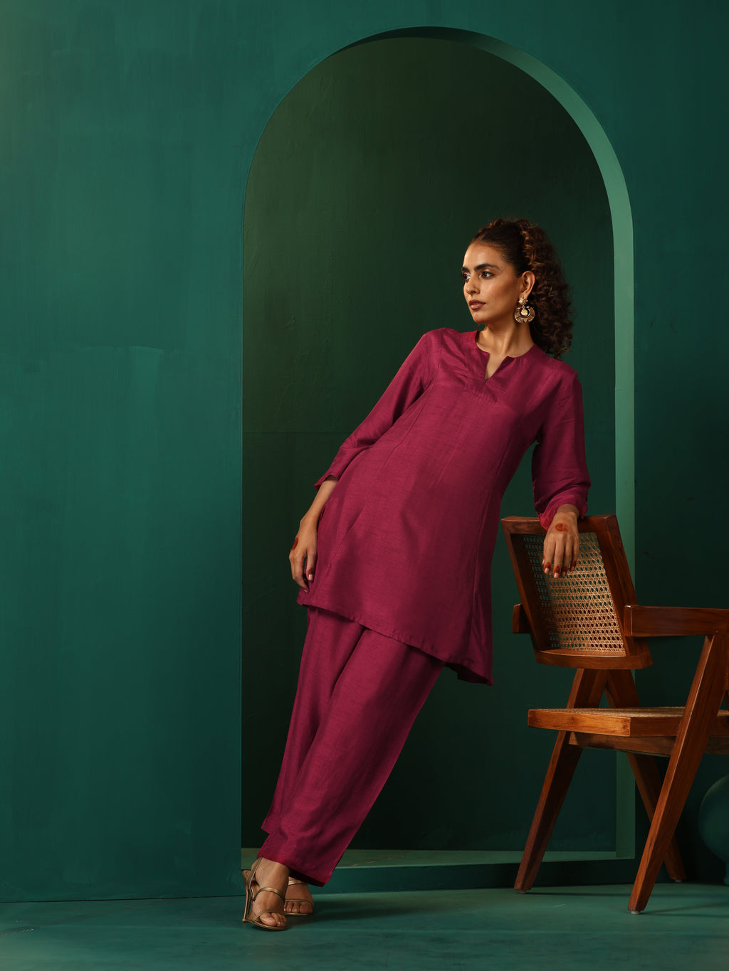 trueBrowns Maroon Silk Relaxed Co-ord Set | Grocsy