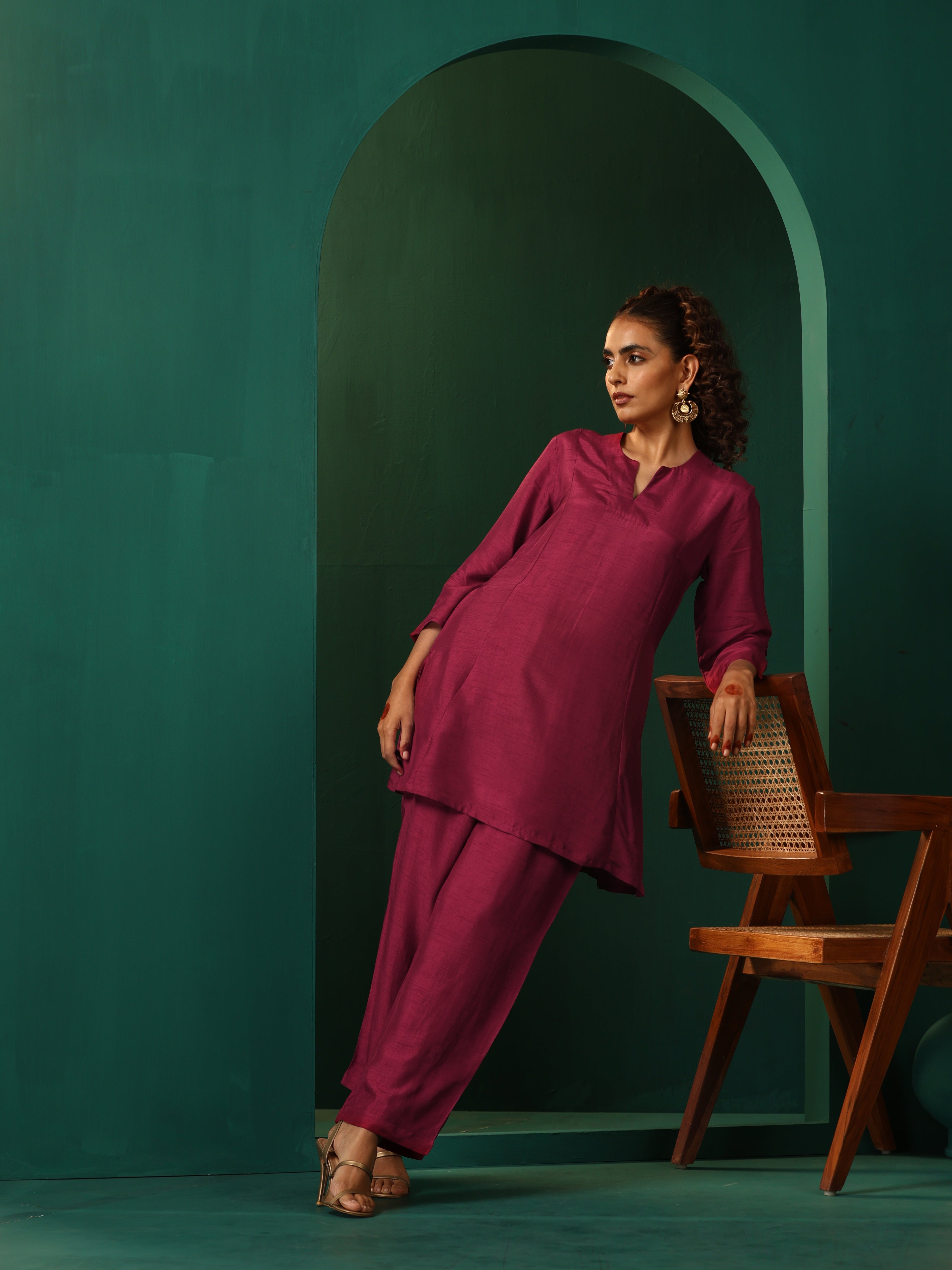trueBrowns Maroon Silk Relaxed Co-ord Set | Grocsy
