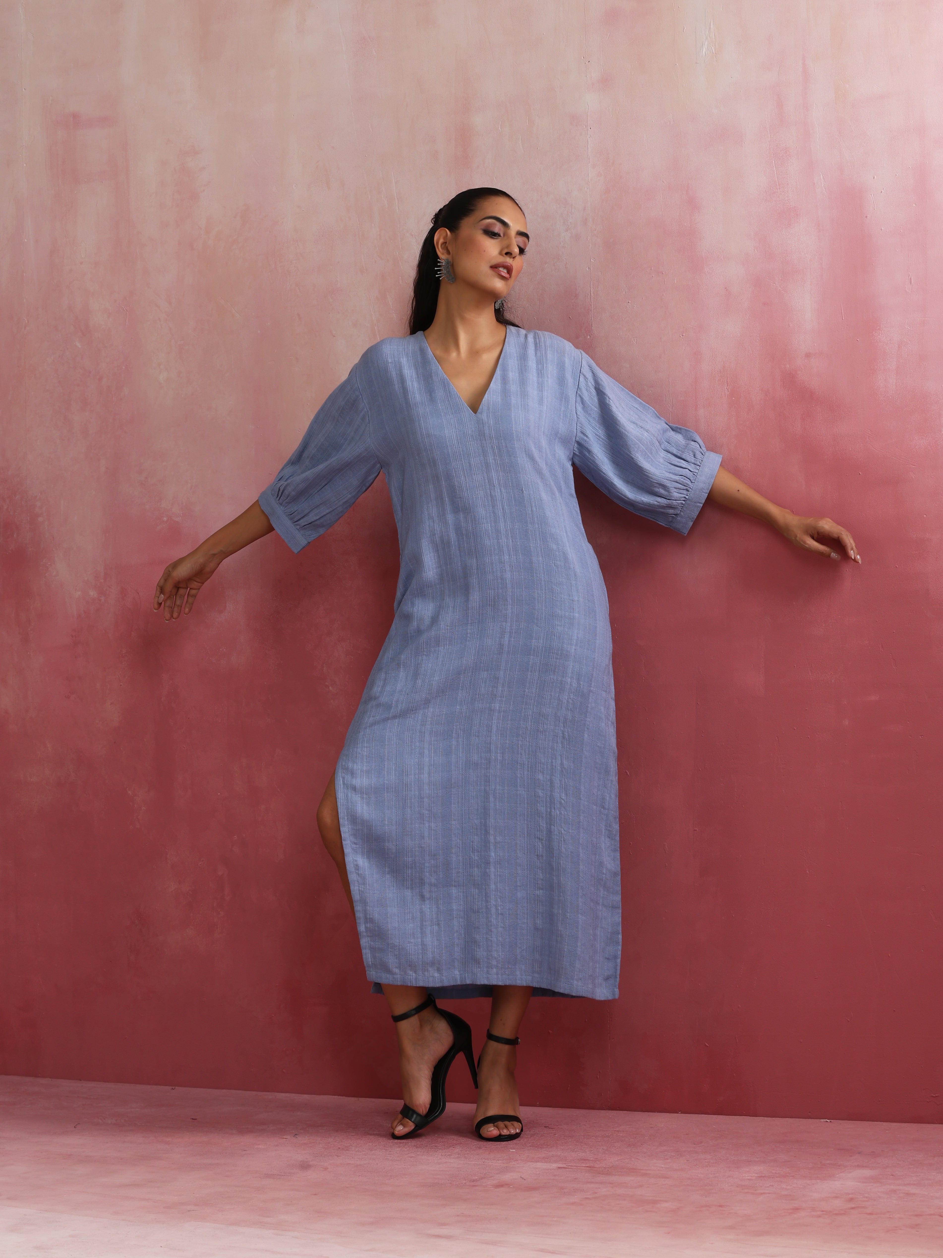 trueBrowns Sky Blue Cotton Dobby Dress | Grocsy