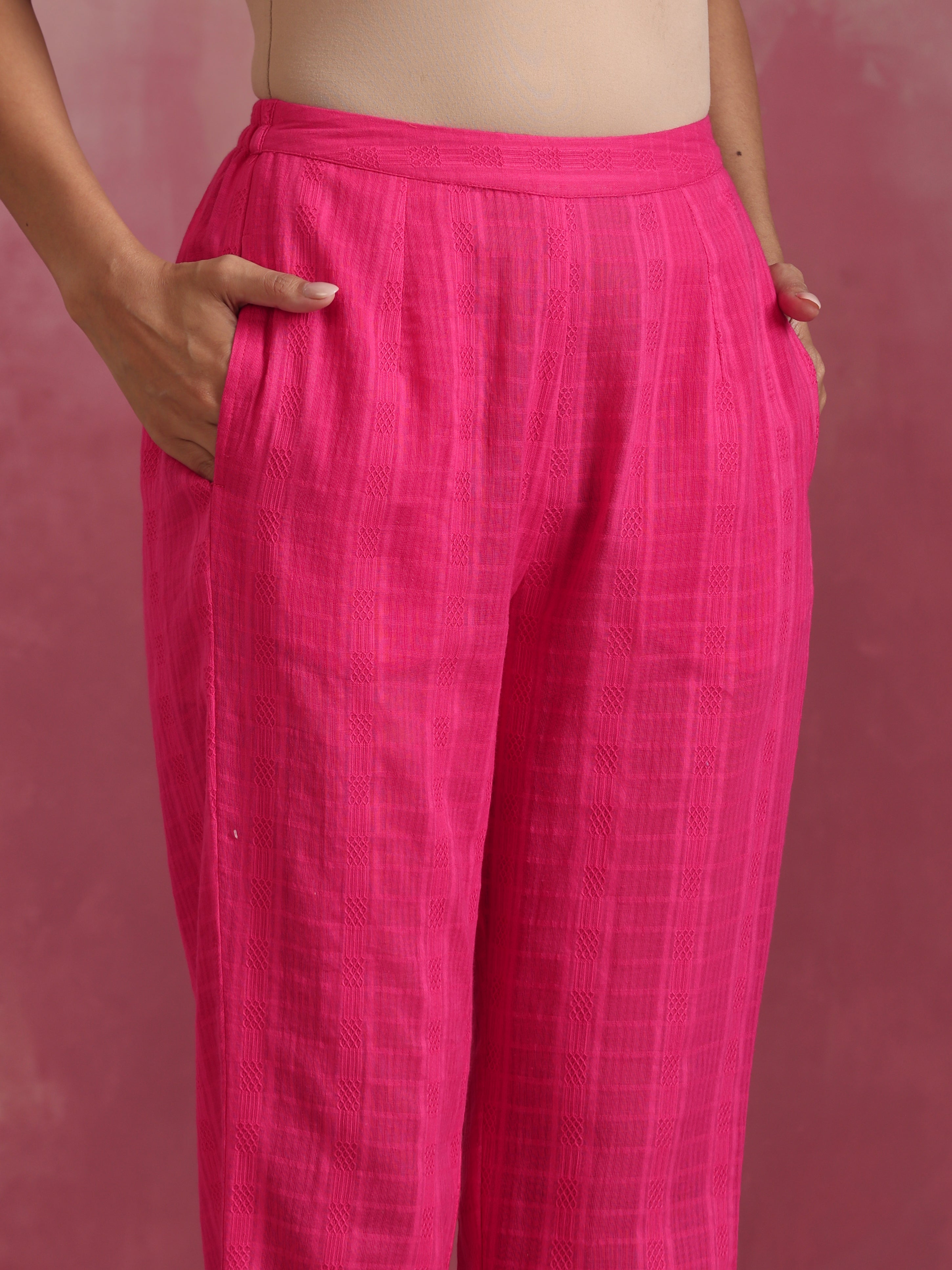 trueBrowns Pink Cotton Dobby Kurta Set | Grocsy