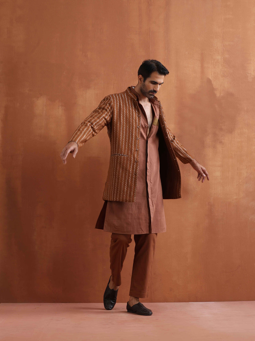 trueBrowns Men's Brown Cotton Dobby Long Jacket | Grocsy