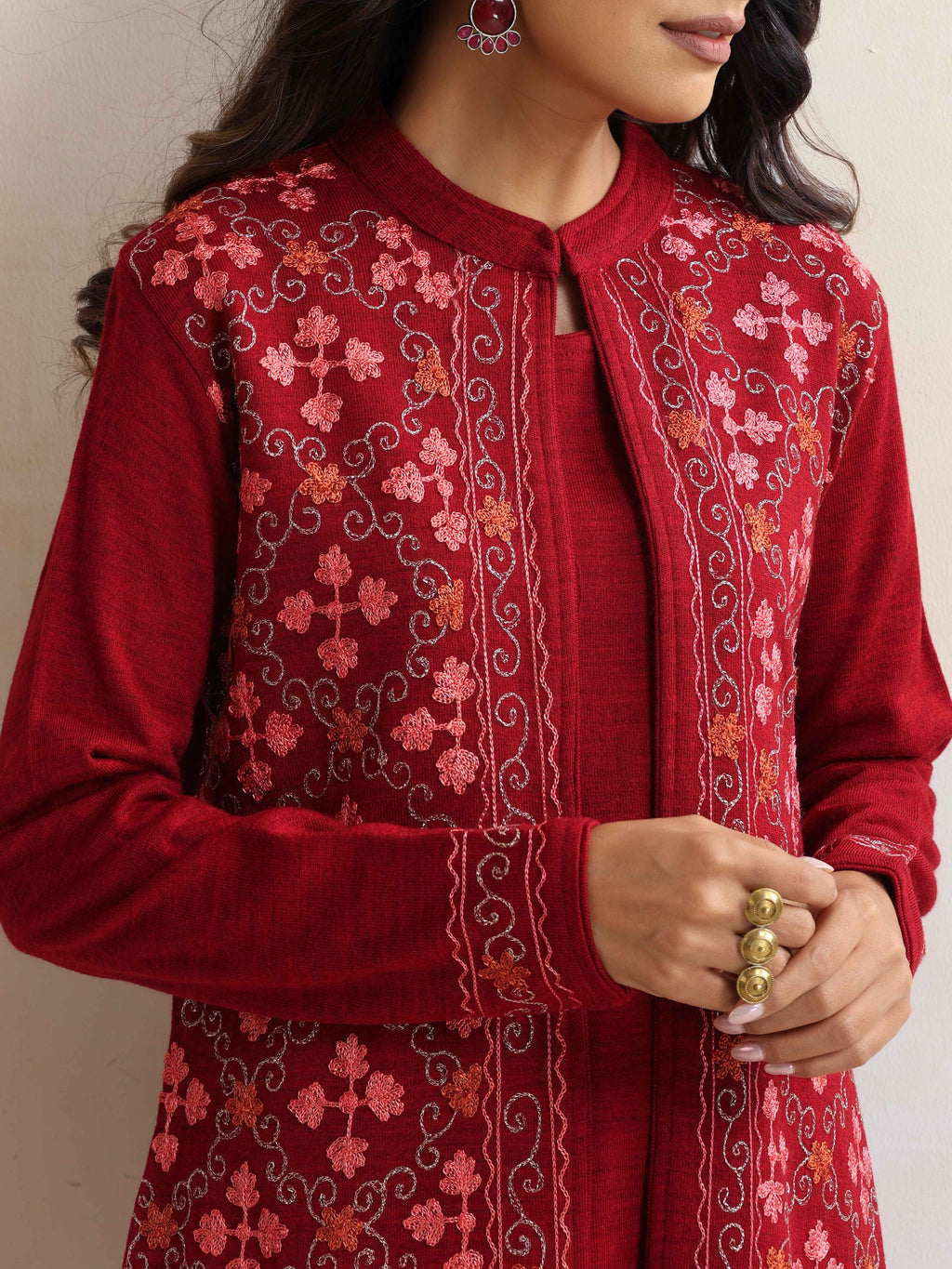 trueBrowns Maroon Kashmiri Woollen Jacket 3pc Set | Grocsy