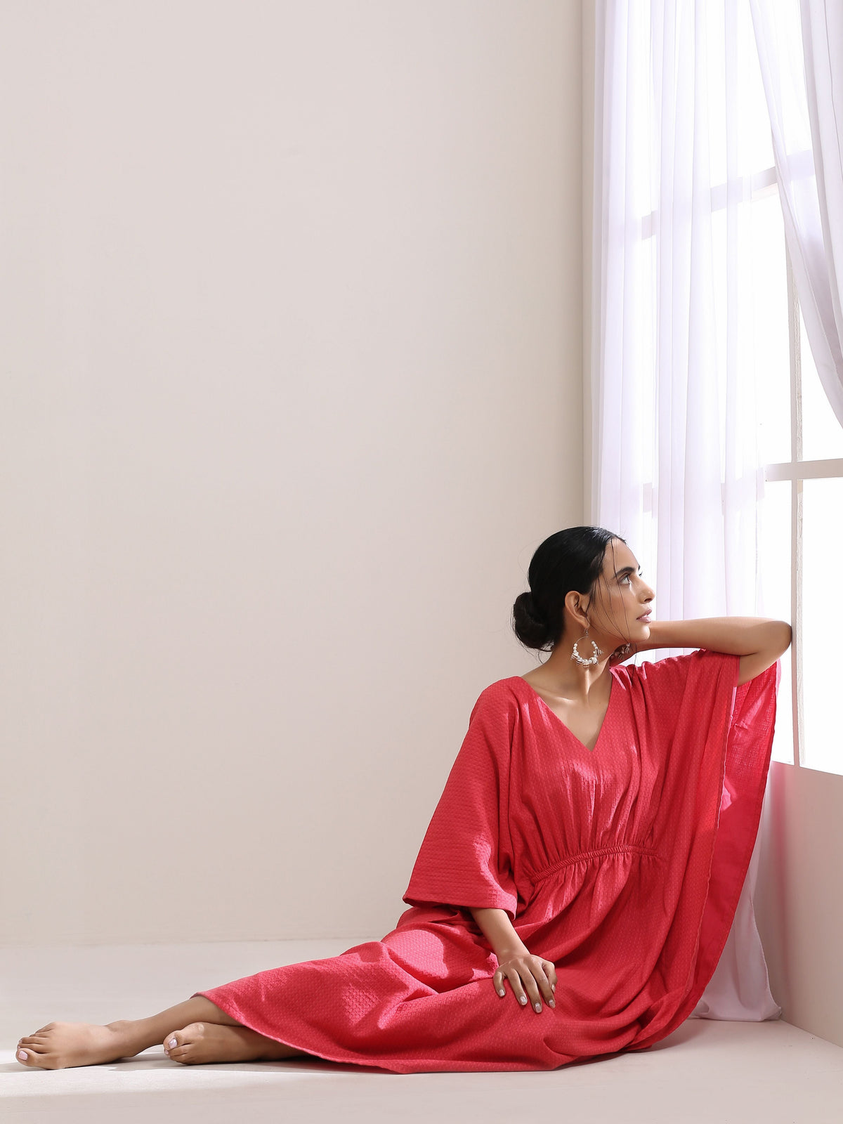 trueBrowns Bright Pink Dobby Kaftan Dress | Grocsy