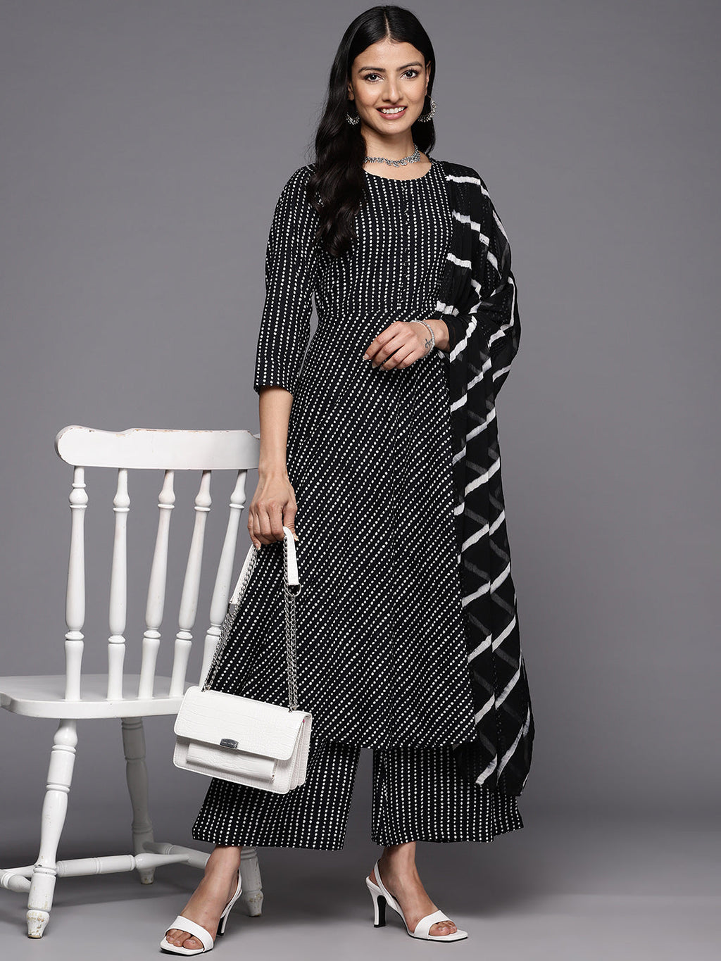 KSUT (House of Varanga) Black And White Cotton Printed Anarkali Kurta Paired With Palazzo And Chiffon Dupatta | Grocsy