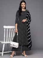 KSUT (House of Varanga) Black And White Cotton Printed Anarkali Kurta Paired With Palazzo And Chiffon Dupatta | Grocsy