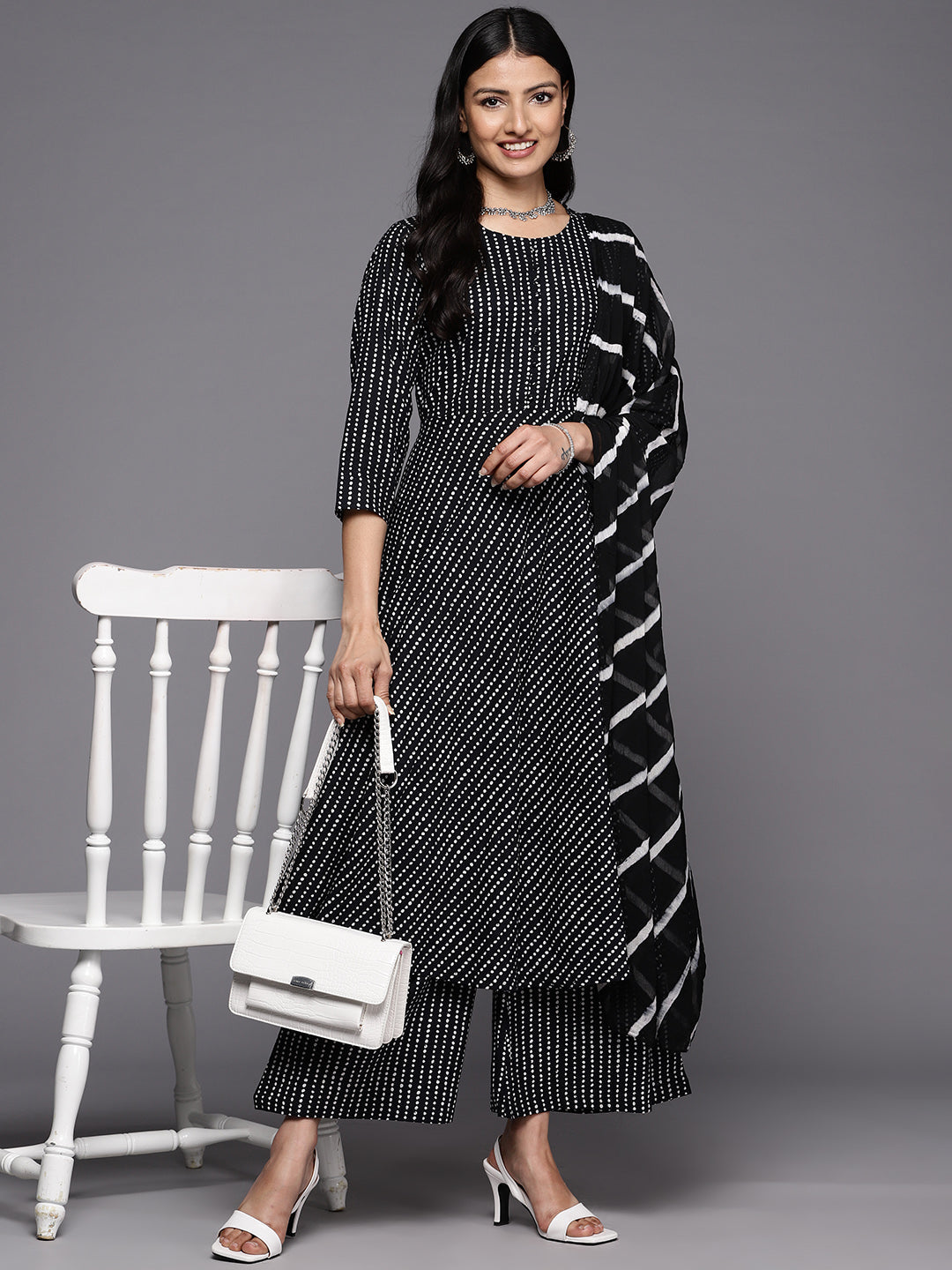 KSUT (House of Varanga) Black And White Cotton Printed Anarkali Kurta Paired With Palazzo And Chiffon Dupatta | Grocsy