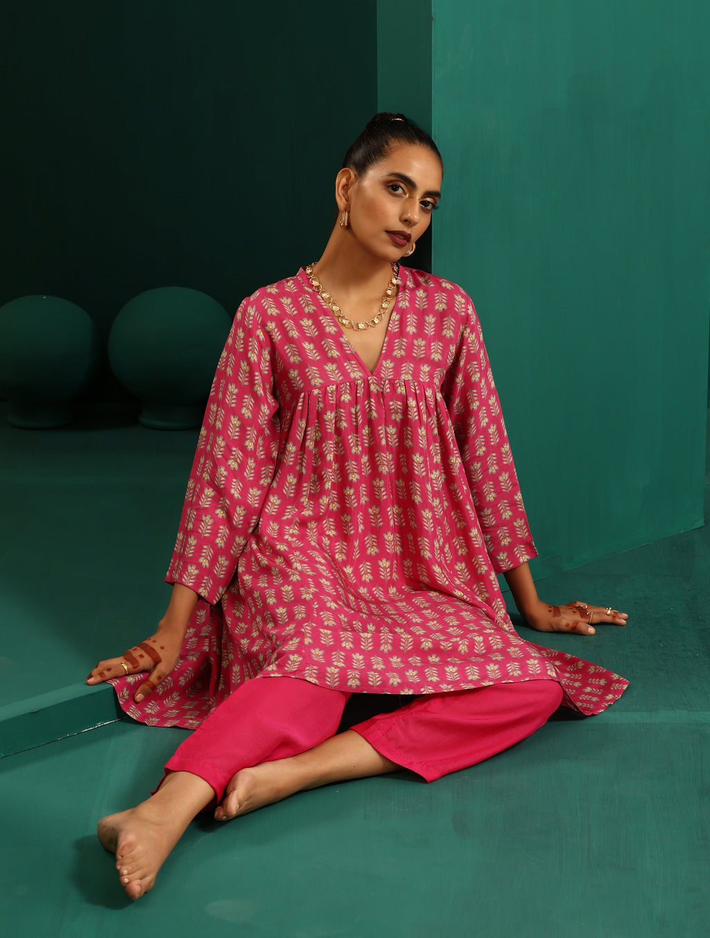trueBrowns Pink Leaf Muslin Silk Printed Yoke Gathered Co-ord Set | Grocsy