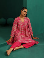 trueBrowns Pink Leaf Muslin Silk Printed Yoke Gathered Co-ord Set | Grocsy