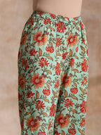 trueBrowns Seafoam Green Overall Floral Block Print Cotton Angrakha Pant Set | Grocsy