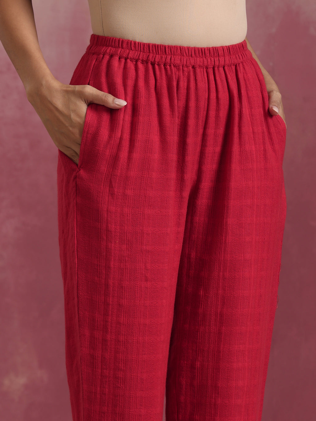 trueBrowns Red Cotton Dobby Kurta Co-ord set | Grocsy