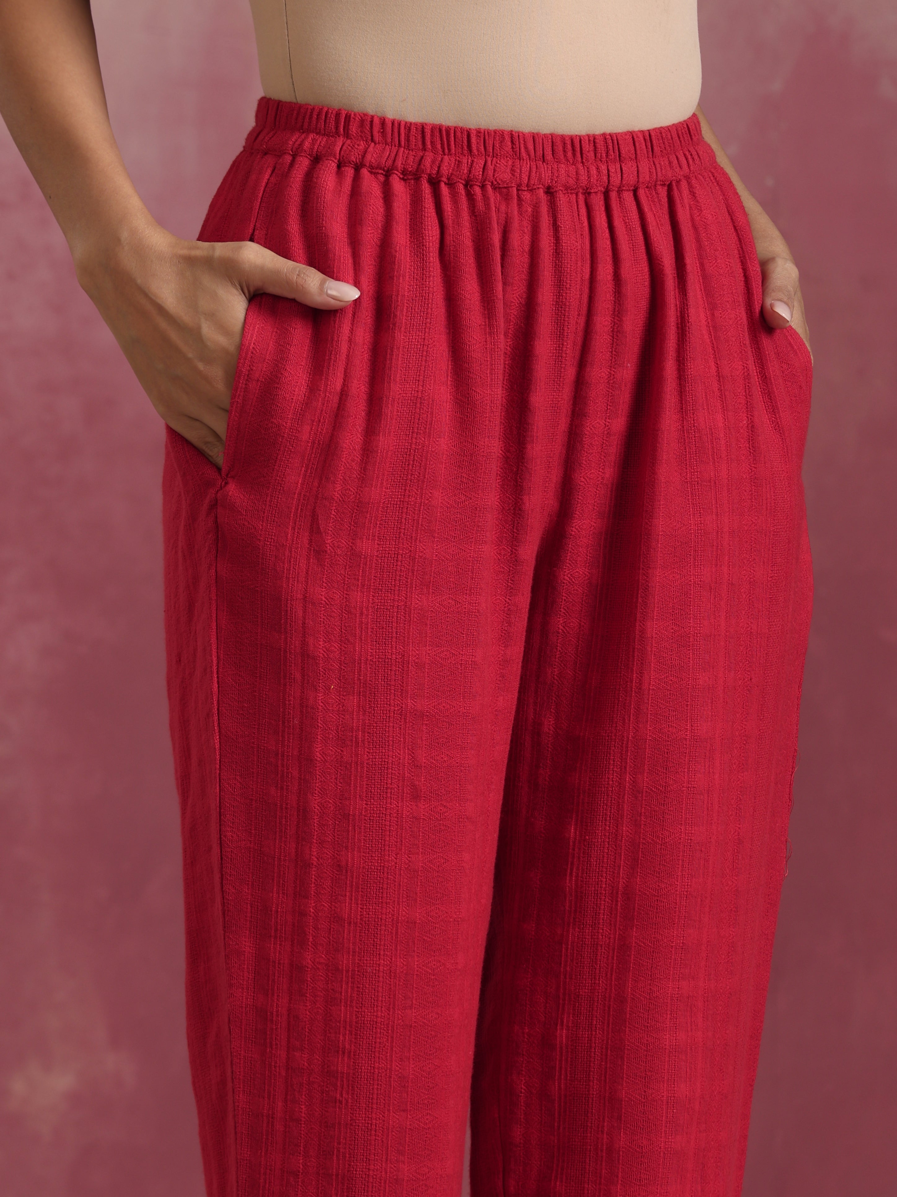 trueBrowns Red Cotton Dobby Kurta Co-ord set | Grocsy