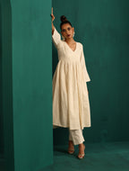 trueBrowns Ivory Tonal Cotton Anarkali Kurta Pant Set | Grocsy