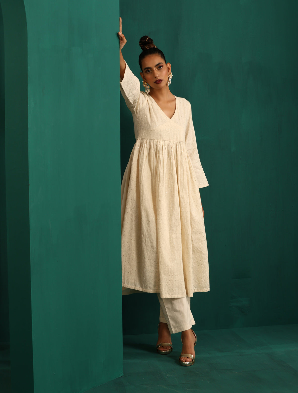 trueBrowns Ivory Tonal Cotton Anarkali Kurta Pant Set | Grocsy