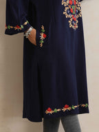 trueBrowns Blue Kashmiri Embroidered Woollen Phiran Kurta | Grocsy