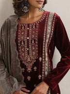 trueBrowns Maroon Velvet Embroidered Kurta Pant Dupatta Set | Grocsy
