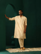 trueBrowns Men's Ivory Geometric Floral Viscose Silk Long Kurta | Grocsy