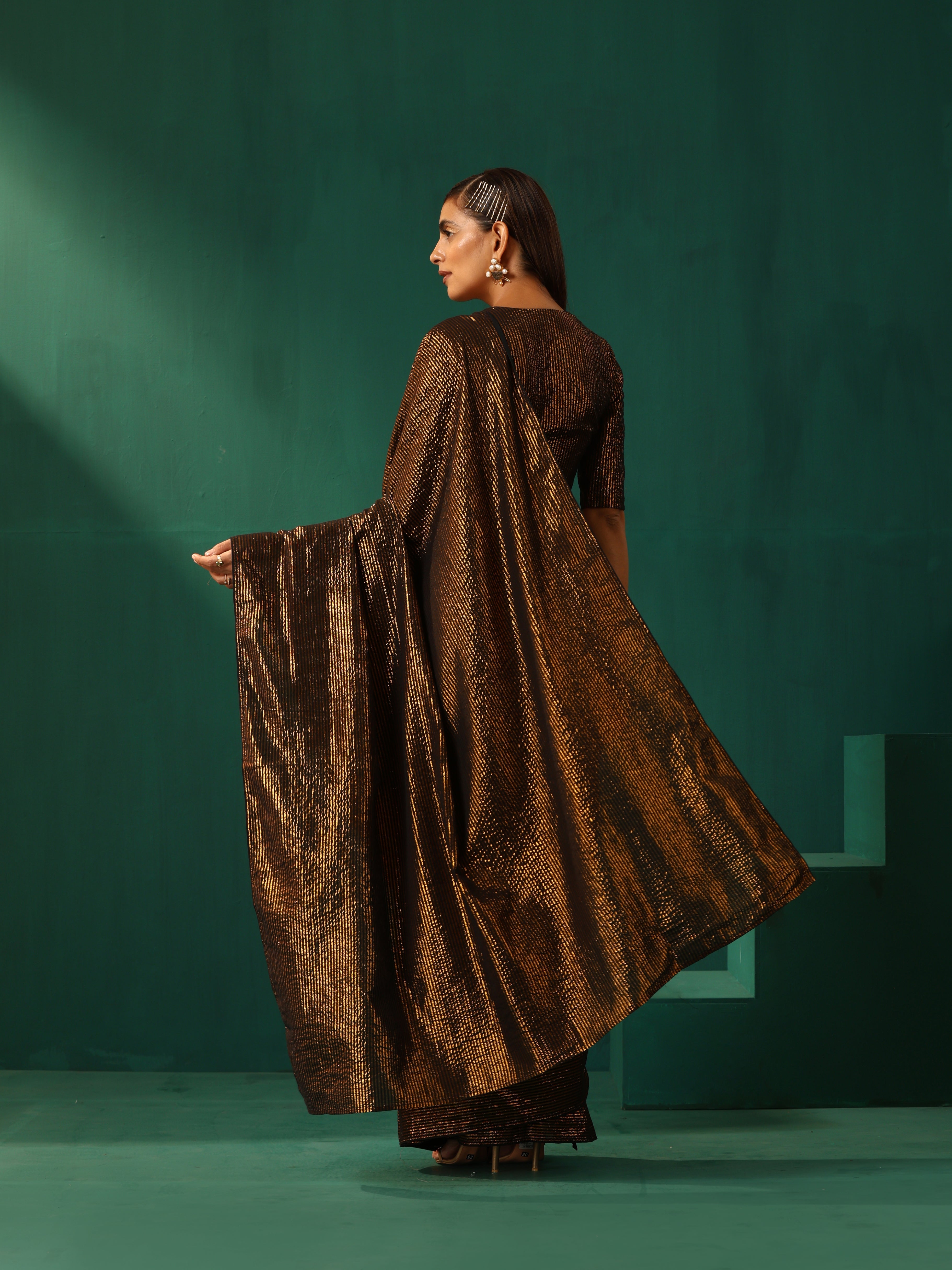 trueBrowns Black Cotton Gold Lurex Striped Ready to Wear Saree | Grocsy