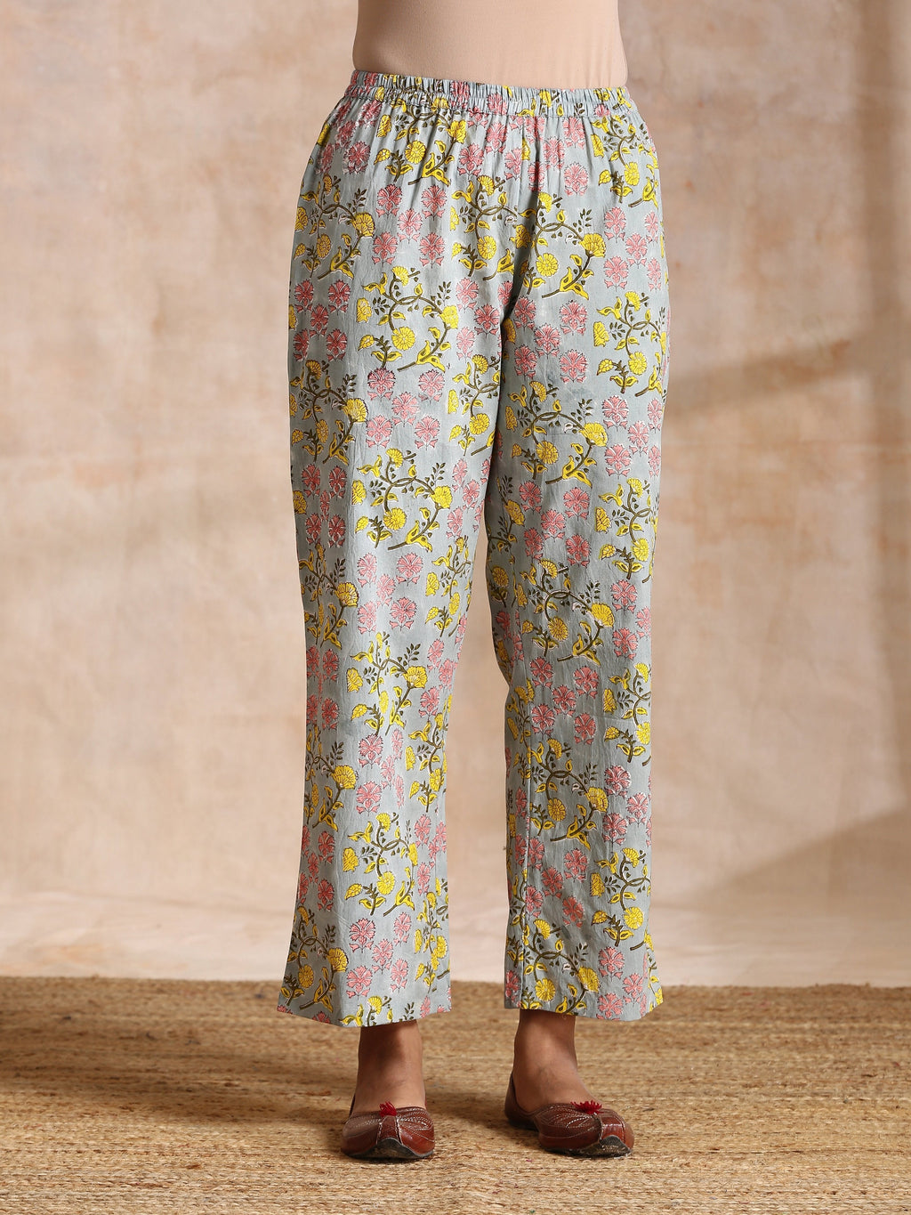 trueBrowns Grey Overall Floral Block Print Cotton Angrakha Kurta Pant Set | Grocsy