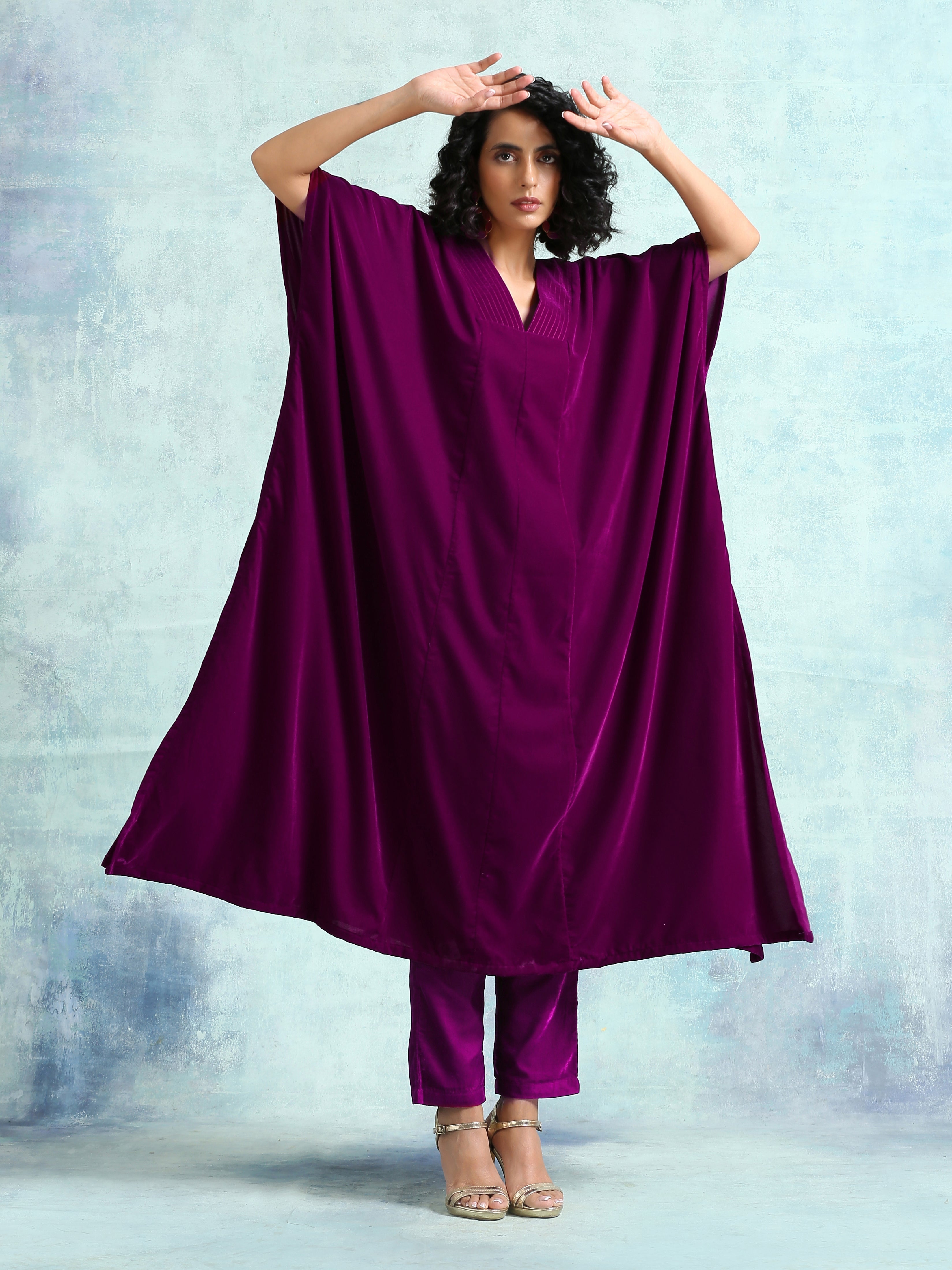 trueBrowns Wine Velvet Kaftan Kurta | Grocsy