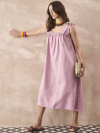 InWeave Dull Pink Linen Round Pleat Bow Dress | Grocsy