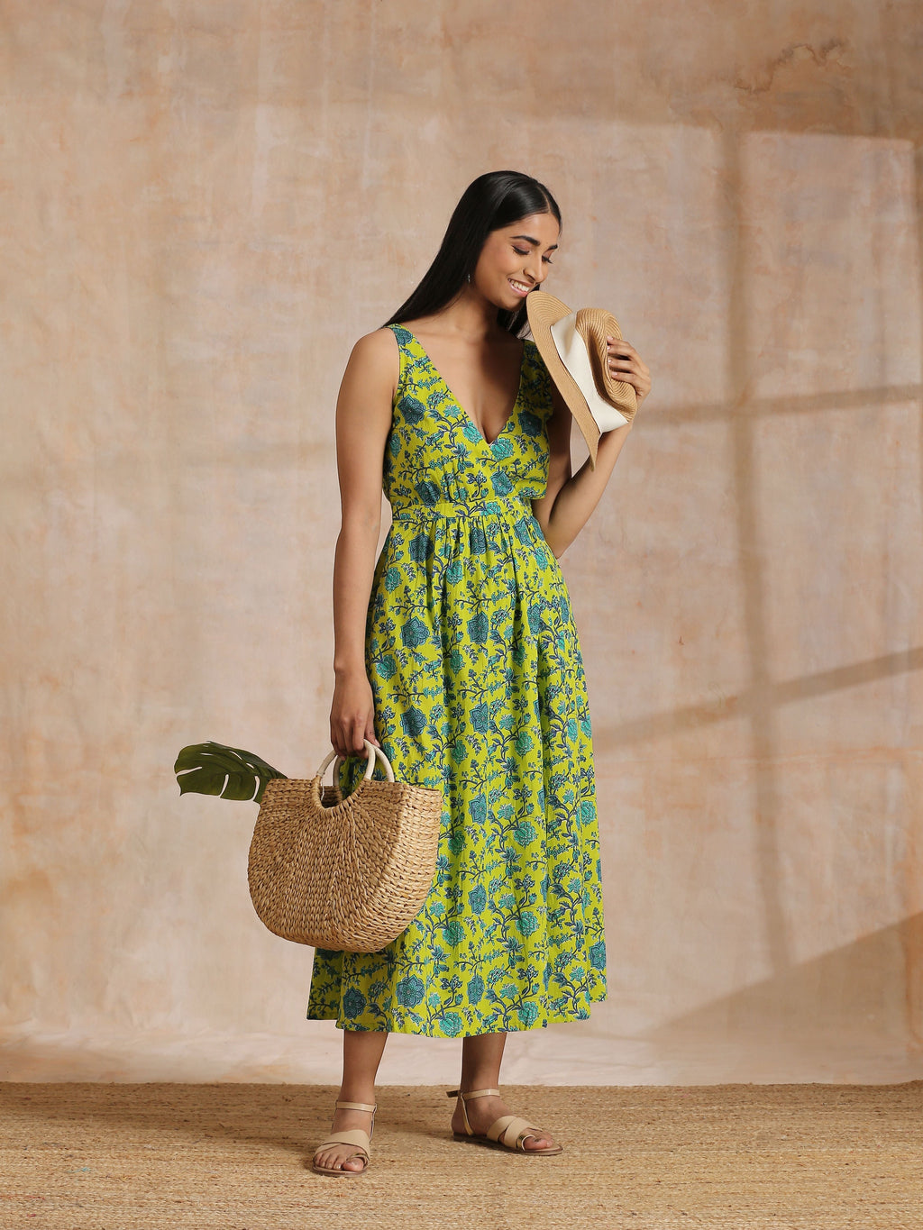 trueBrowns Lime Green Overall Teal Floral Block Print Cotton Sleeveless Wrap Dress | Grocsy