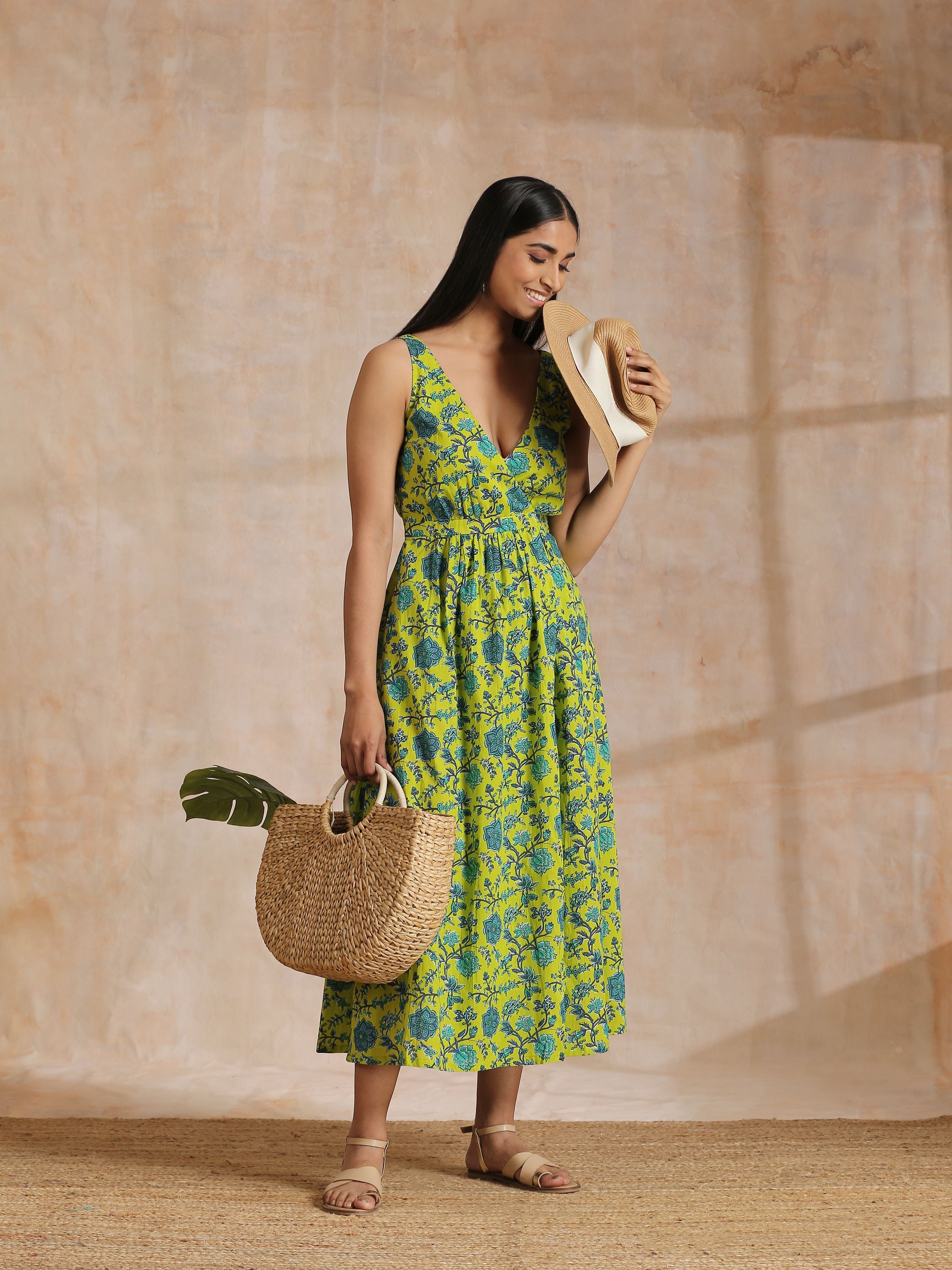 trueBrowns Lime Green Overall Teal Floral Block Print Cotton Sleeveless Wrap Dress | Grocsy