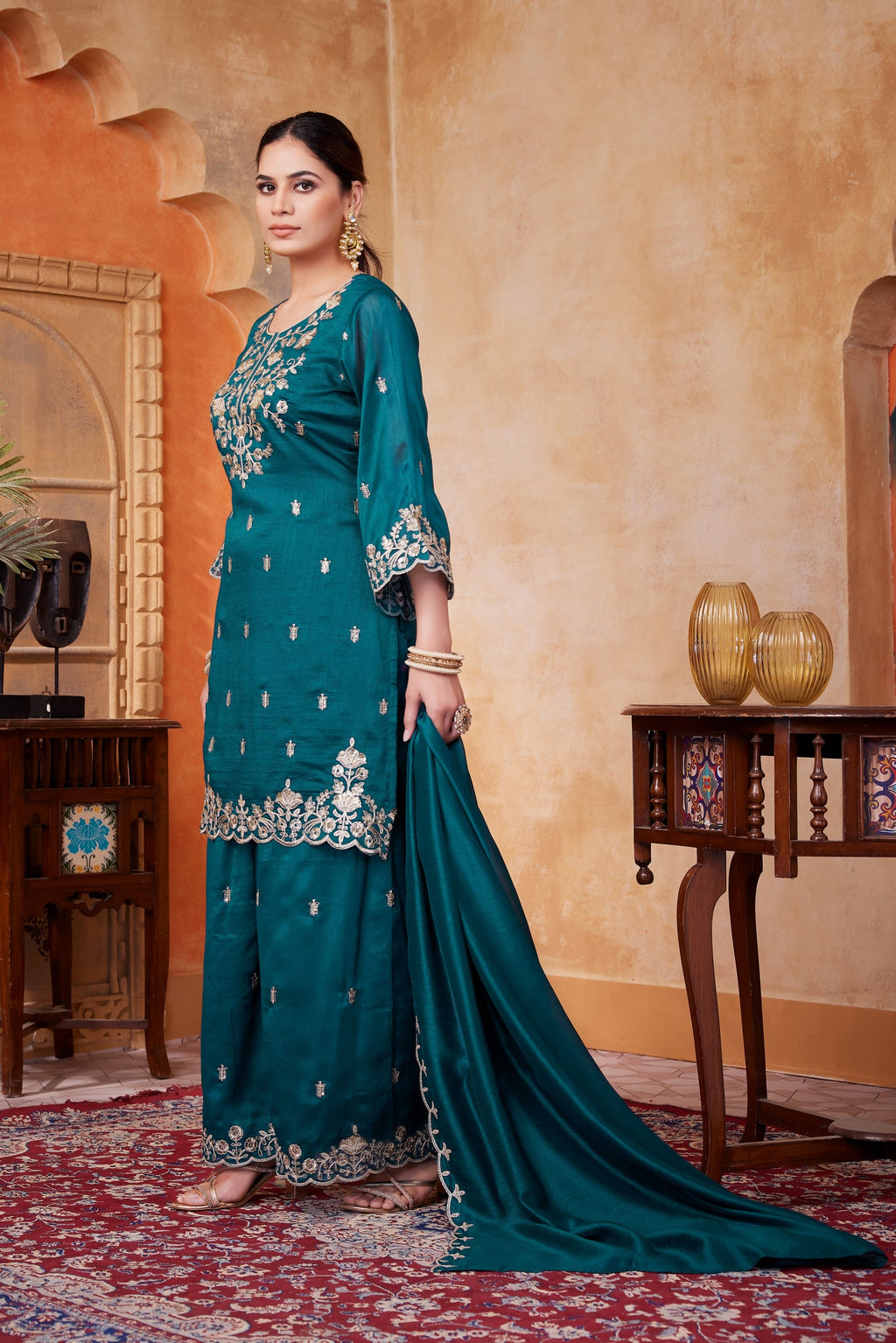 Anaita Teal Readymade Suit with Embroidery Work | Grocsy