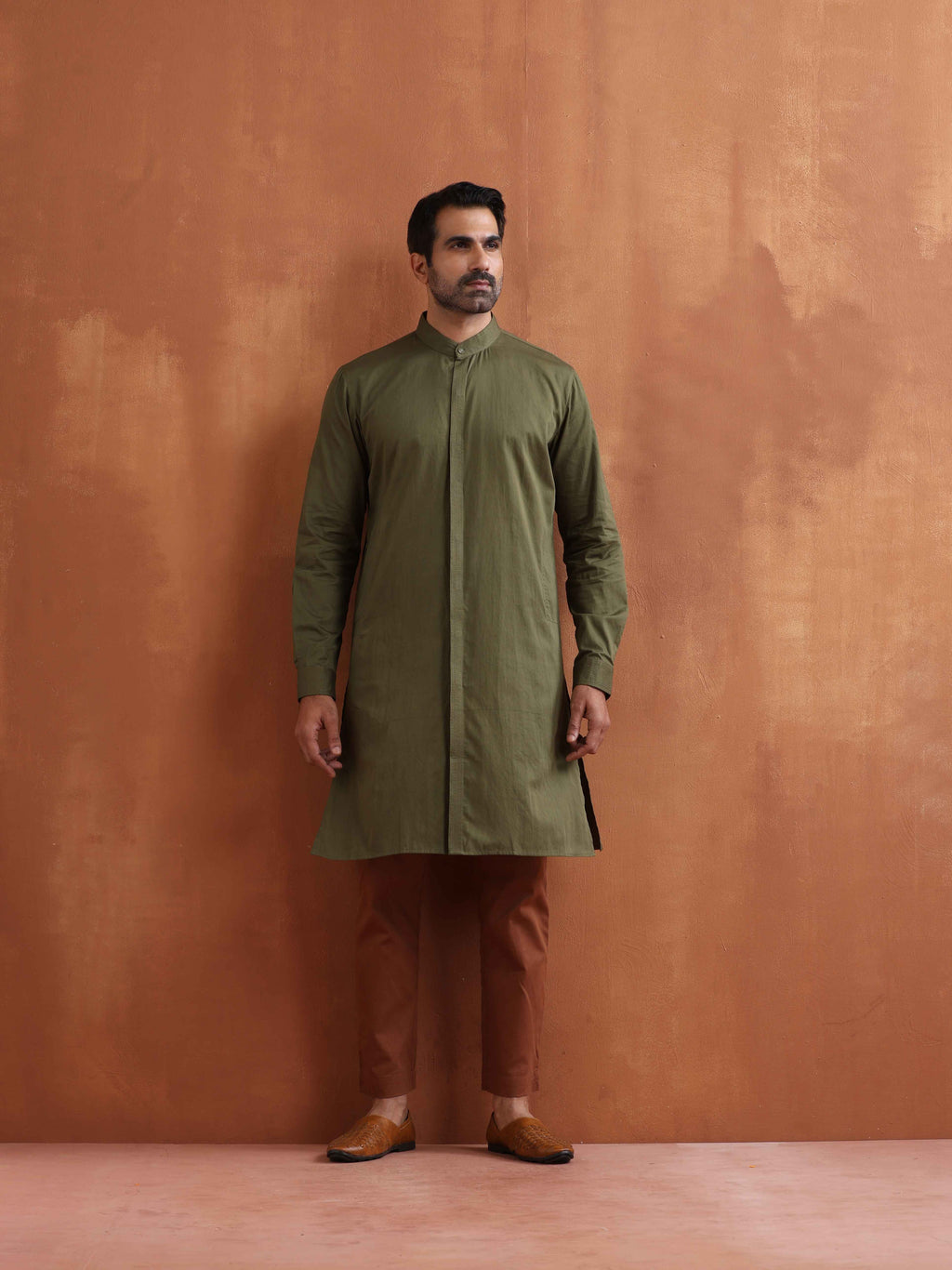 trueBrowns Men's Olive Green Cotton Front Open Kurta | Grocsy