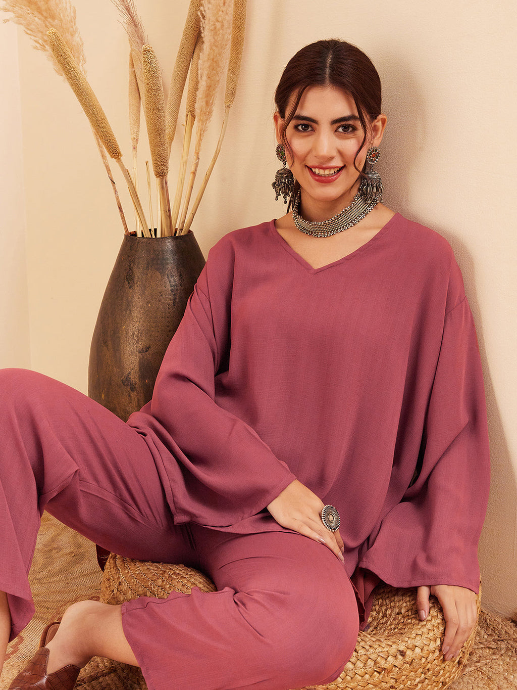 InWeave Women's Light Brown Full Sleeve Boho Top Bottom Set | Grocsy