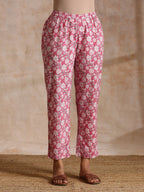 trueBrowns Pink Overall Floral Block Print Cotton Flared Kurta Pant Set | Grocsy