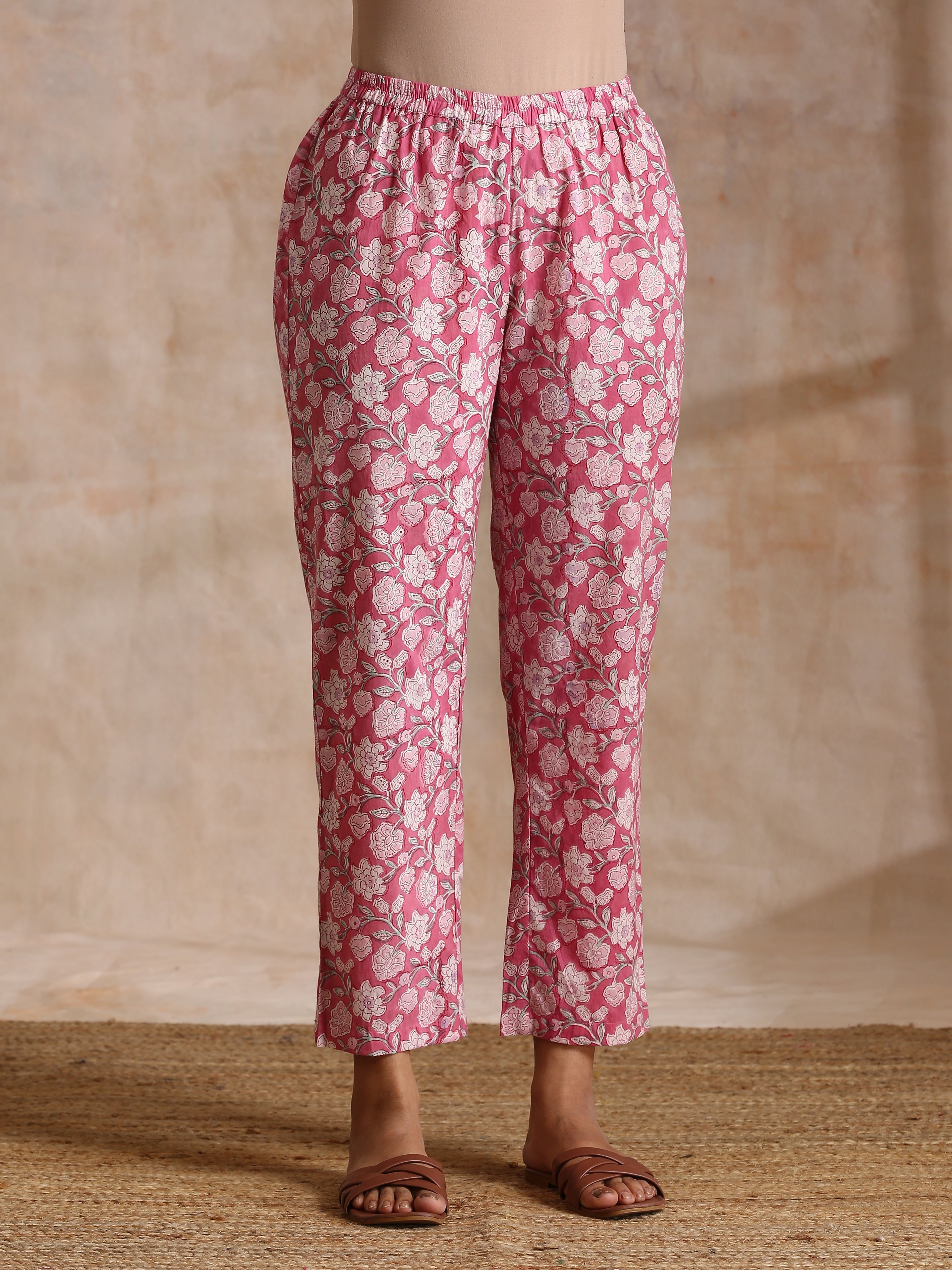 trueBrowns Pink Overall Floral Block Print Cotton Flared Kurta Pant Set | Grocsy