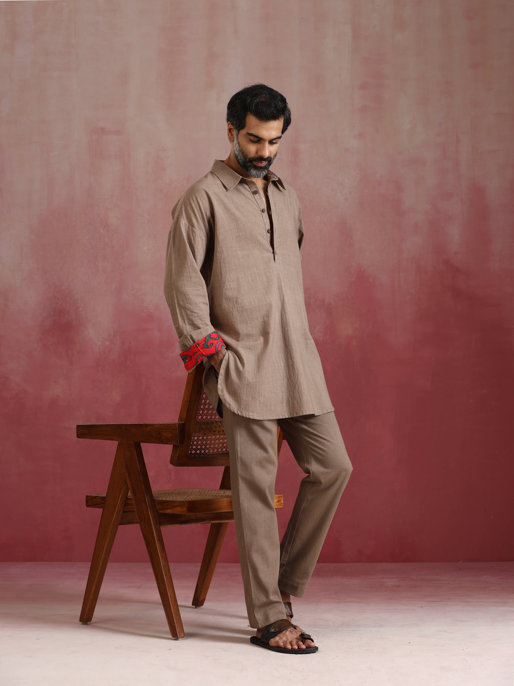 trueBrowns Men's Grey Cotton Shirt Collar Stylized Kurta Co-ord set | Grocsy