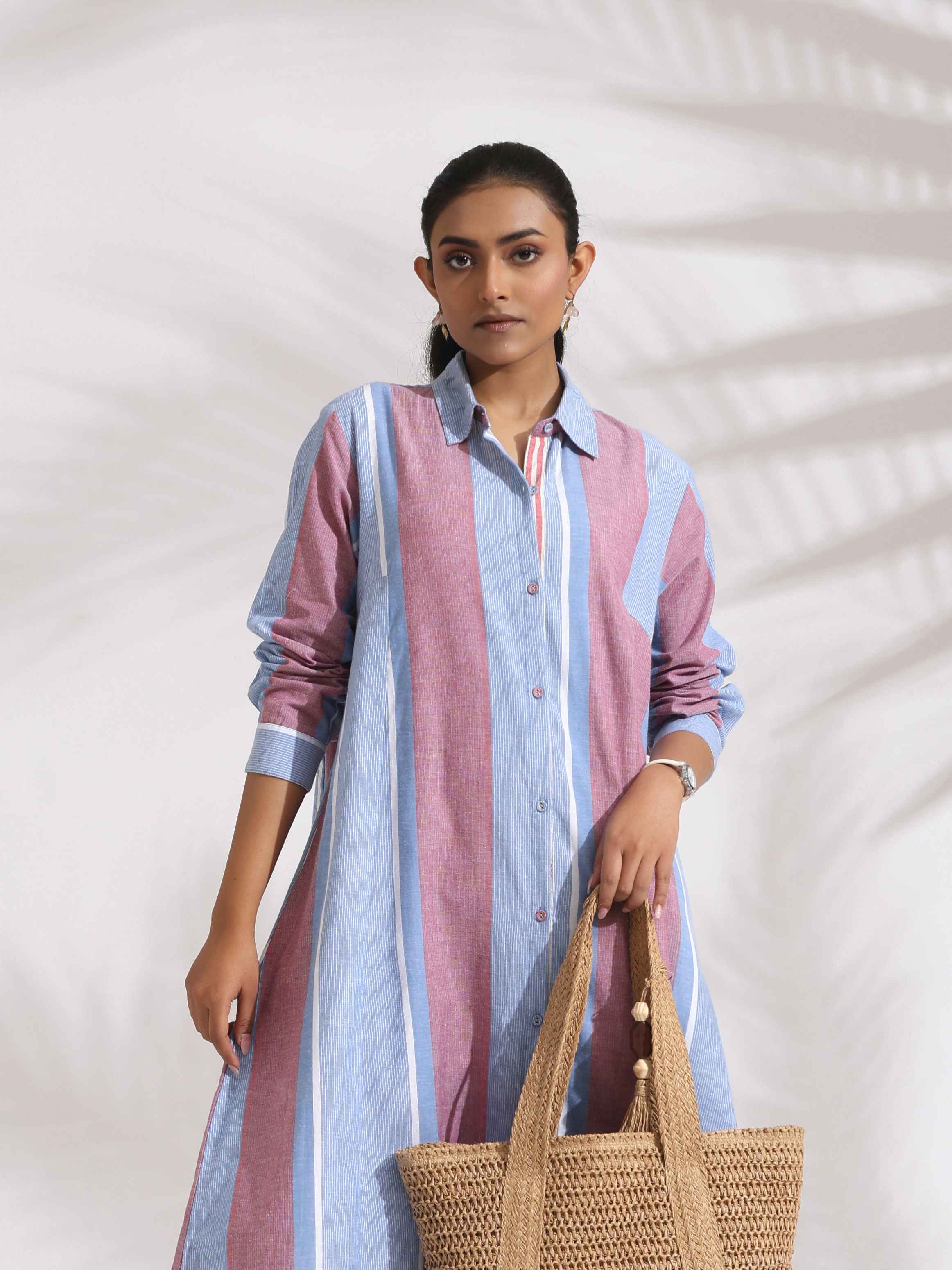 trueBrowns Blue Cotton Stripe Flared Shirt Dress | Grocsy